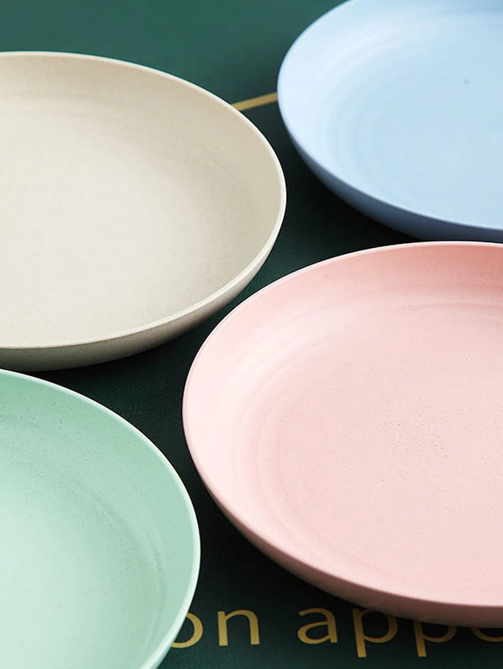4Pcs Lightweight Wheat Straw Plates Unbreakable Reusable Dinner Dishes Plates Set Dishwasher & Microwave Safe