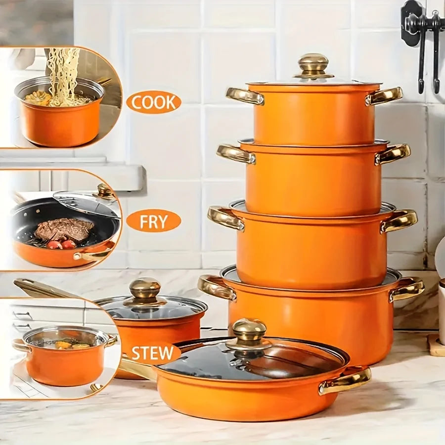 12-Piece Nonstick Fry Pan Set - Stainless Steel Induction Cookware for Gas/Electric, Heat-Resistant Skillet & Saucepan Combo